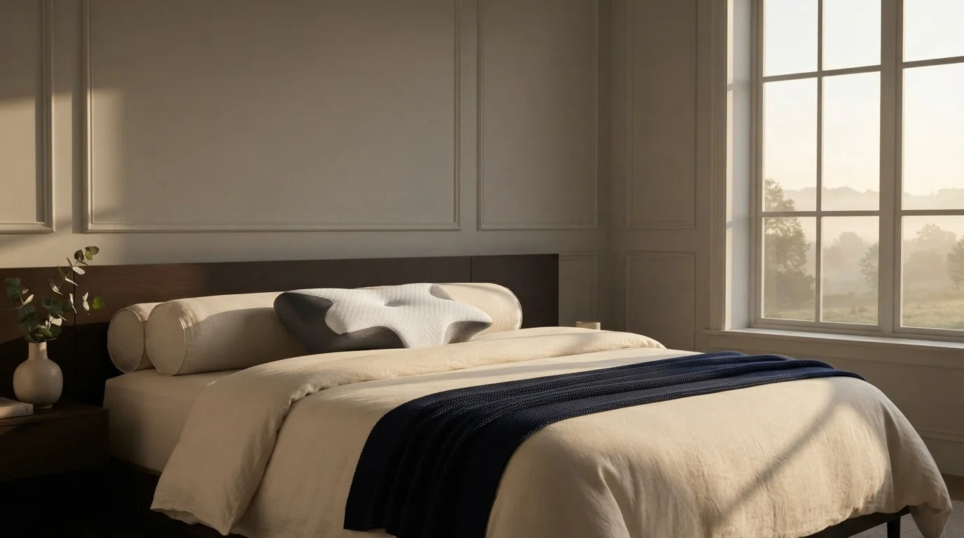 A made bed at dawn with the Novra Pillow