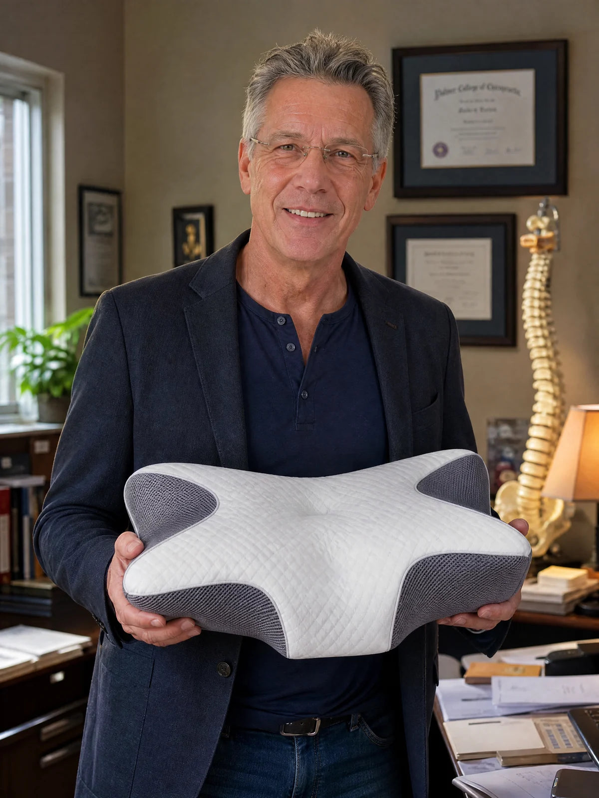 Chiropractor holding the Novra Pillow in his clinic