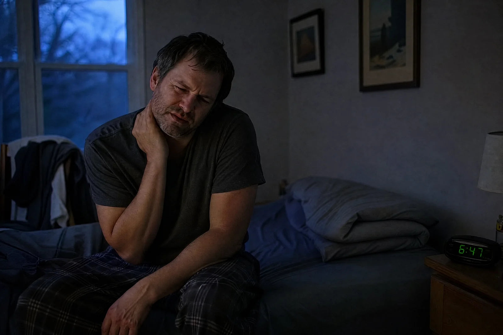 A man on the edge of his bed at dawn, holding his stiff neck